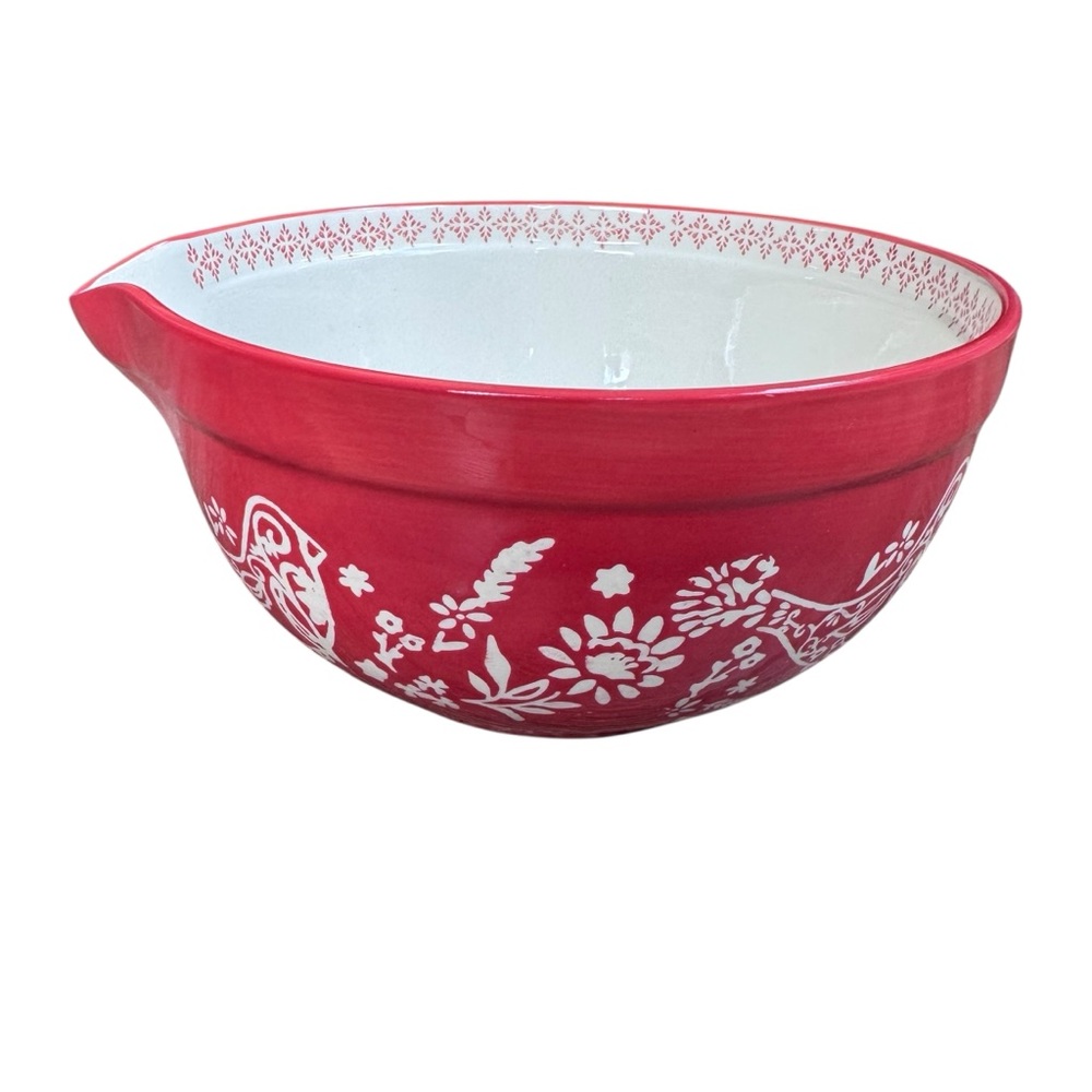 Pioneer Woman Stoneware 10" Mixing Bowl w/Spout "Mazie"  Red w/ Retro Design